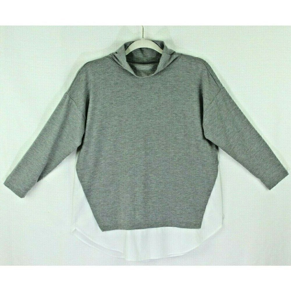 Loft Top 3/4 Sleeves Layered Mock Neck gray white Womens Small